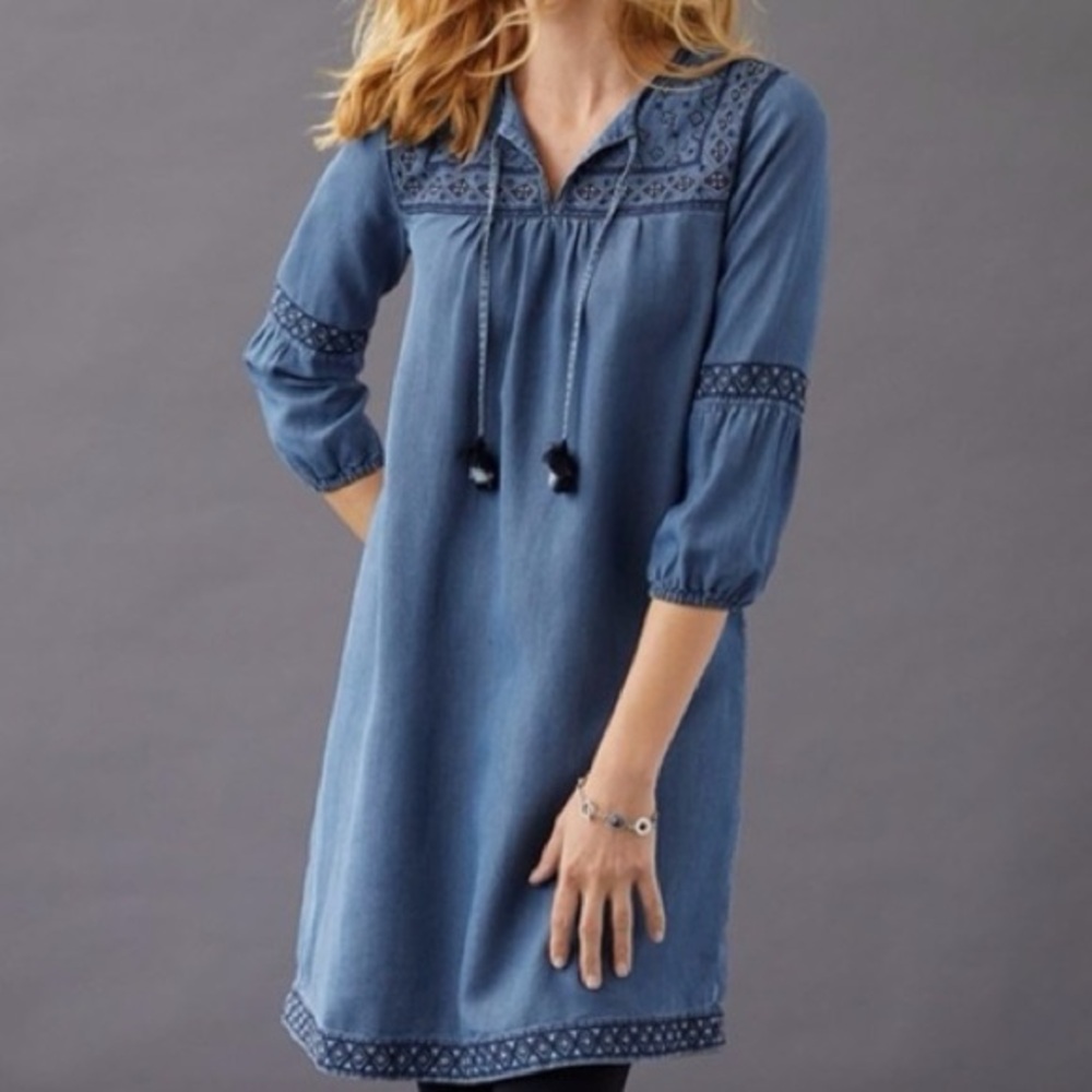 J. Jill Chambray Tencel Boho Embroidered Denim Dress
